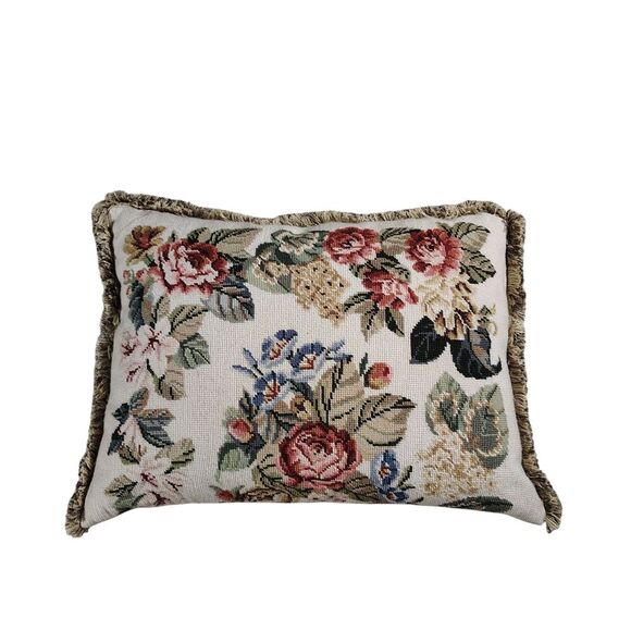 Unbranded Other - Vtg Floral Needlepoint Tapestry Throw Pillow Cottagecore Grandmillennial 24x19